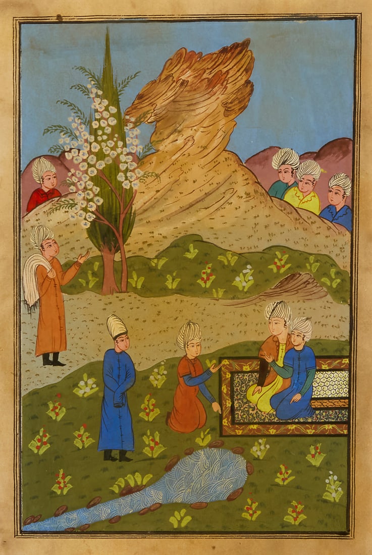A double-sided Persian miniature painting Depicting turbaned figures in a landscape reversed by an (1 of 5)