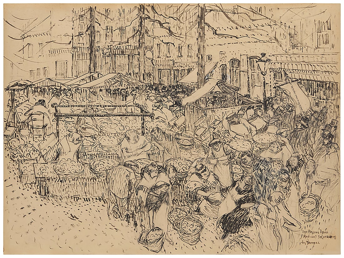 Joseph Raphael (1869-1950) "The Passing Band, Marché St. Caterien" (France) Ink, graphite, and (1 of 5)