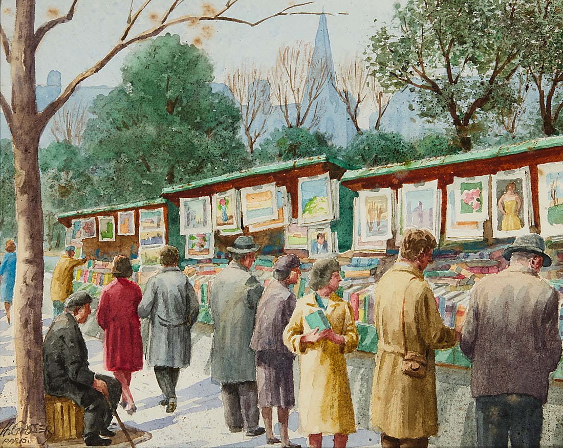 Henry Gasser (1909-1981) "Paris Bookstalls" Watercolor on paper Signed and inscribed lower left:: Henry Gasser (1909-1981) "Paris Bookstalls" Watercolor on paper Signed and inscribed lower left: H. Gasser / "Paris"; signed again and titled in pencil on the frame's backing board Sight: 7 1/2 x 9 1/