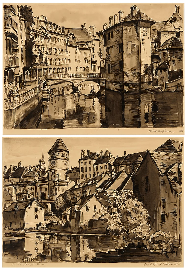 Carl Westdahl Heilborn (1906-1954) Two works: "An Old French Town," 1932 Ink on paper Signed, (1 of 10)
