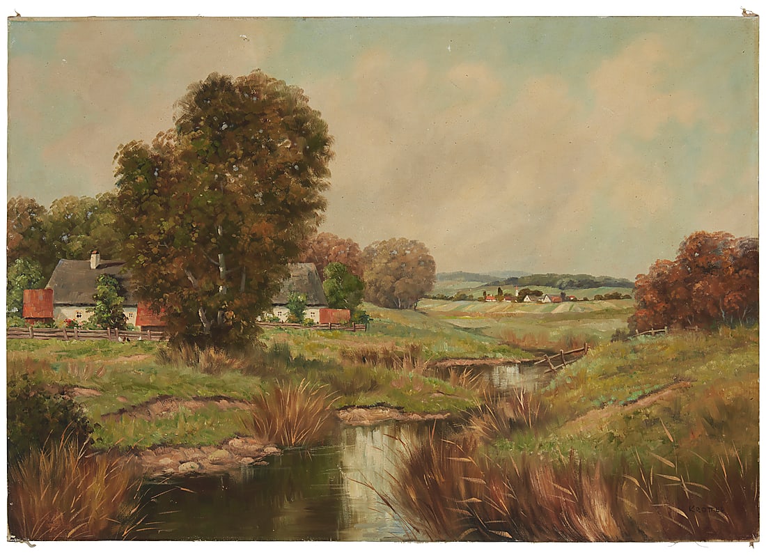 Josef Krotter (b. 1894) Farm in a pastoral landscape Oil on canvas Signed lower right: Krotter;: Josef Krotter (b. 1894) Farm in a pastoral landscape Oil on canvas Signed lower right: Krotter; with the copyright ink stamp of The W. T. Burger Co., verso 27 3/4 x 39in Provenance: The W. T. Bu