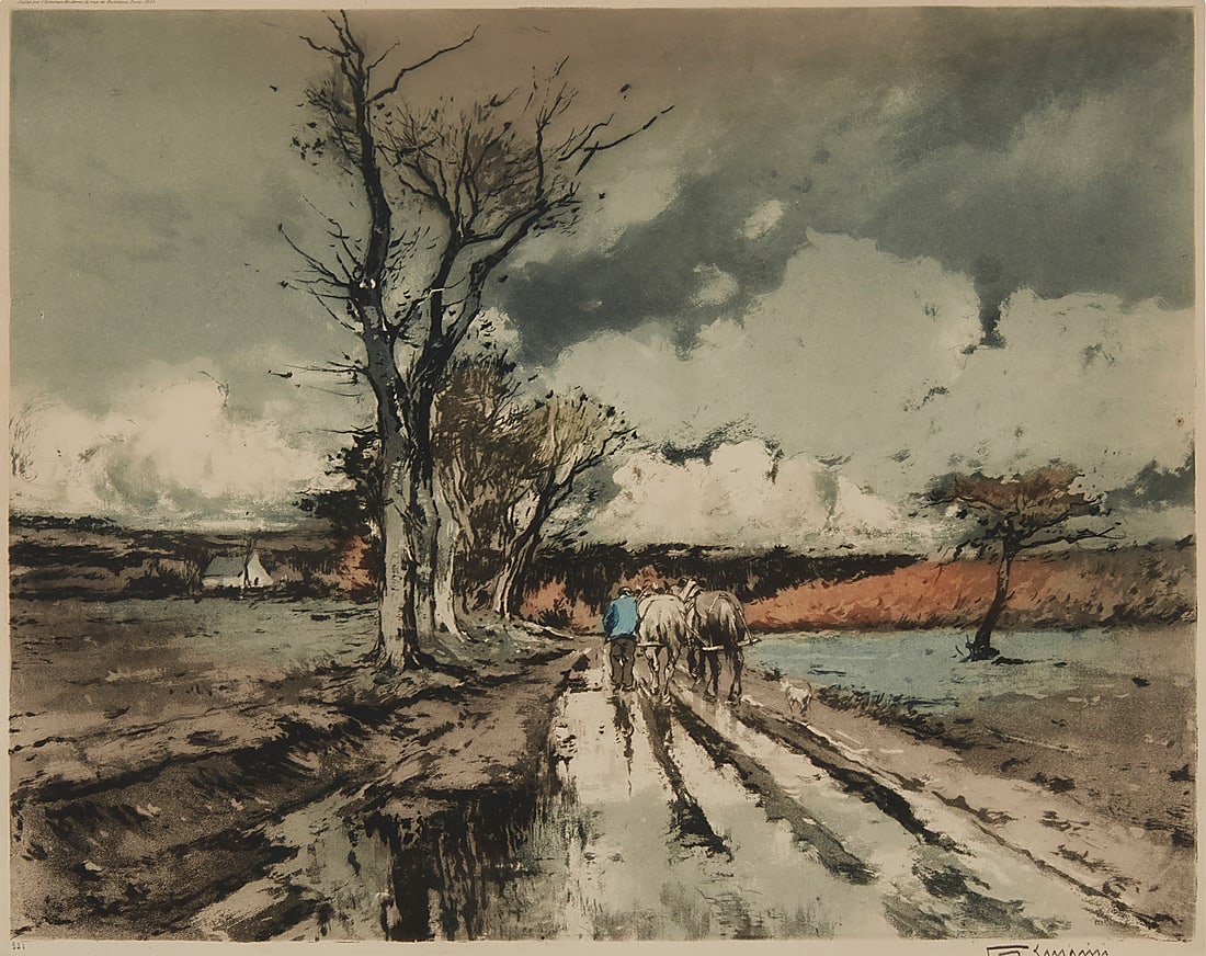 Ferdinand-Jean Luigini (1870-1943) Figure and horse cart in a French landscape, 1926 Etching and (1 of 8)