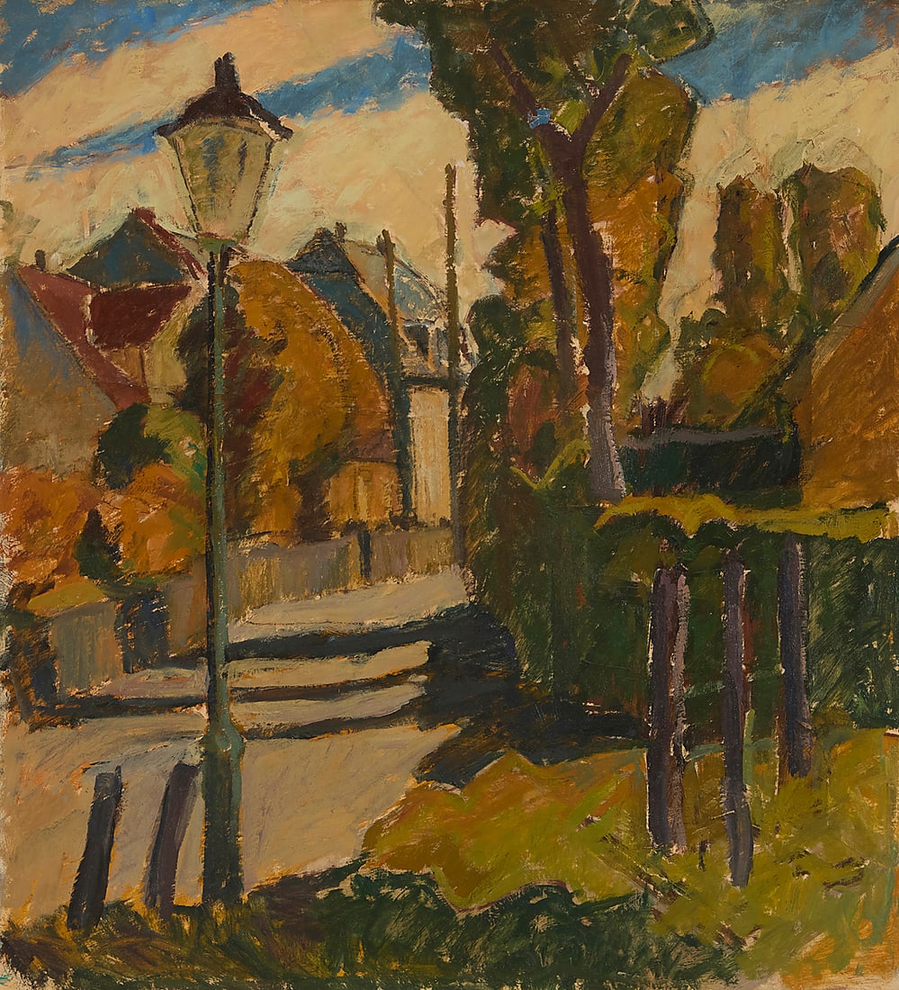 In the manner of Clayton Sumner Price (1874-1950) A small town street scene Oil on board laid to: In the manner of Clayton Sumner Price (1874-1950) A small town street scene Oil on board laid to foam board Appears unsigned 26 x 24 1/8in Provenance: Private estate, California Other