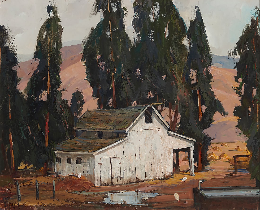 Douglas Shively (1896-1991) Barn in a eucalyptus landscape, 1976 Oil on board Signed and dated: Douglas Shively (1896-1991) Barn in a eucalyptus landscape, 1976 Oil on board Signed and dated lower left: Douglas / Shively / 1976 16 x 20in Provenance: Margaret Keller, Santa Paula, CA, the fi