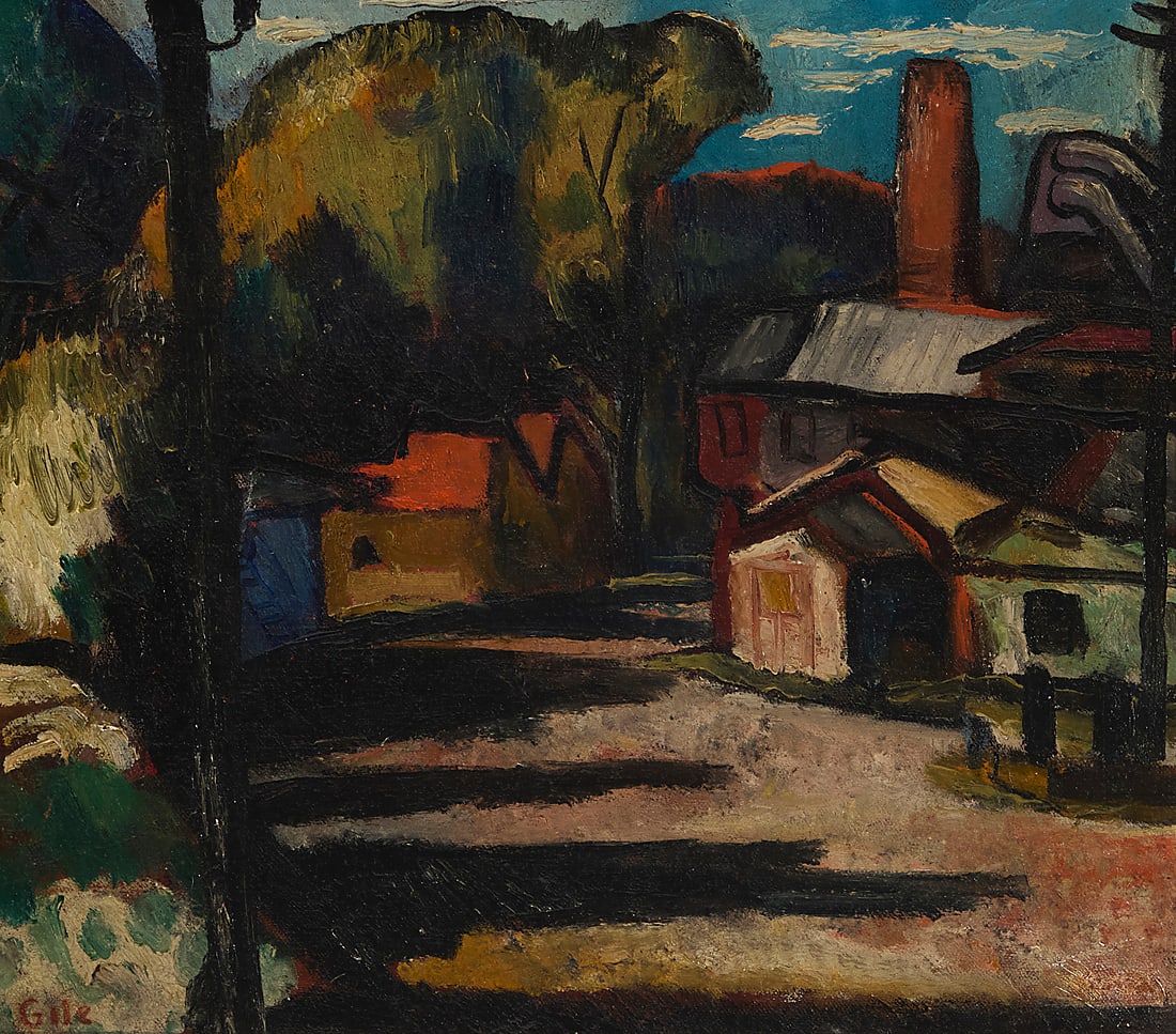 In the manner of Selden Connor Gile (1877-1947) Landscape with houses Oil on canvas Bears: In the manner of Selden Connor Gile (1877-1947) Landscape with houses Oil on canvas Bears signature lower left: Gile 14 x 16in