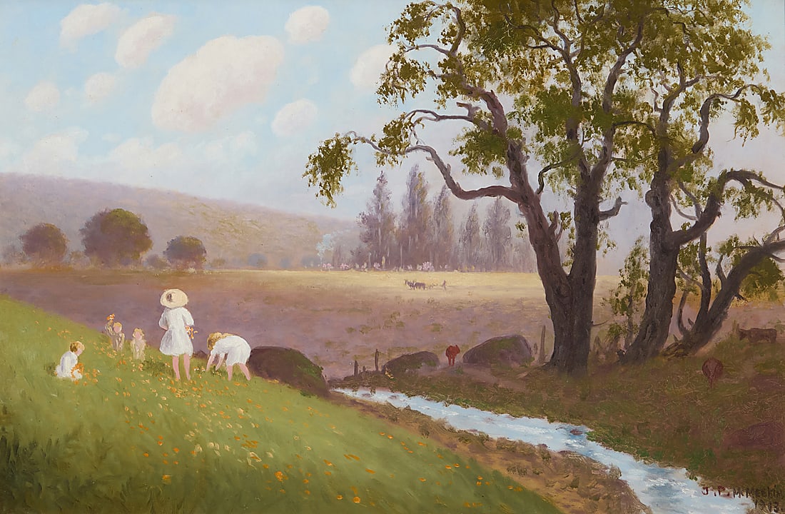 Joseph Patrick McMeekin (1857-1936) "Gathering Wild Flowers in Napa," 1913 Oil on board Signed (1 of 6)