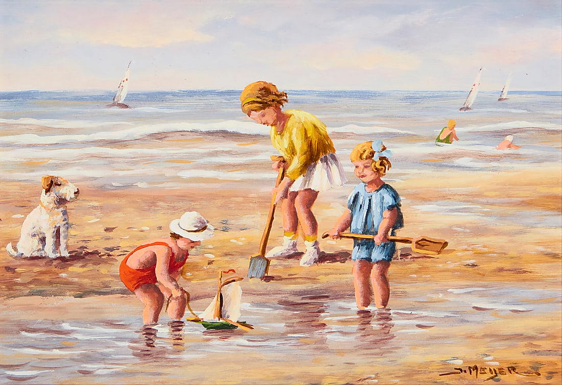 J. Meyer (20th Century) Figures at the beach Oil on board Signed lower right: J. Meyer 6 x 8in (1 of 5)