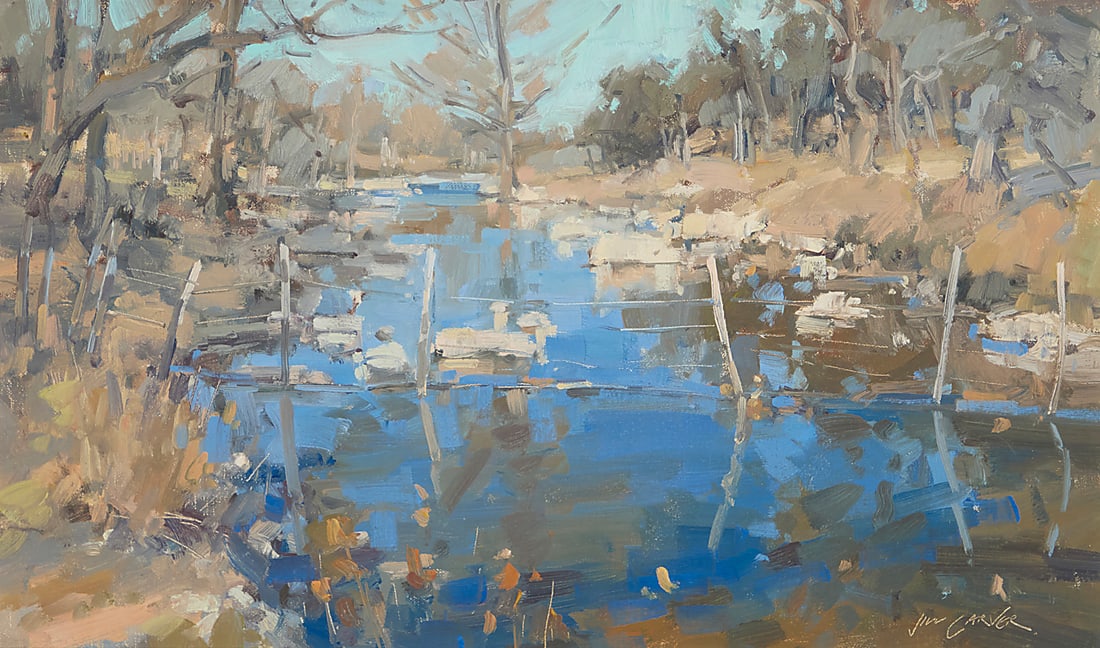 Jill Carver (b. 1968), "Rejuvenation": Jill Carver (b. 1968) "Rejuvenation" Oil on canvasboard With incised signature lower right: Jill Carver; signed "Jill Carver ©" and titled verso 12 x 20in