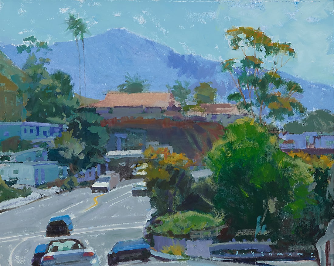 Jeff Yeomans (20th/21st Century) "Sideways through South Laguna" Oil on canvas Signed lower: Jeff Yeomans (20th/21st Century) "Sideways through South Laguna" Oil on canvas Signed lower right: J. Yeomans; titled on a label affixed verso 16 x 20in Provenance: Studio 7 Galleries