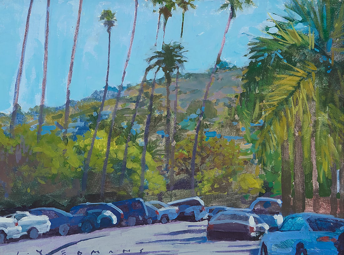Jeff Yeomans (20th/21st Century) "Palms on Prospect," 2009 Oil on canvas mounted to artist's: Jeff Yeomans (20th/21st Century) "Palms on Prospect," 2009 Oil on canvas mounted to artist's board Signed lower left: J. Yeomans; signed again, titled, and dated "2009," verso 12 x 16in