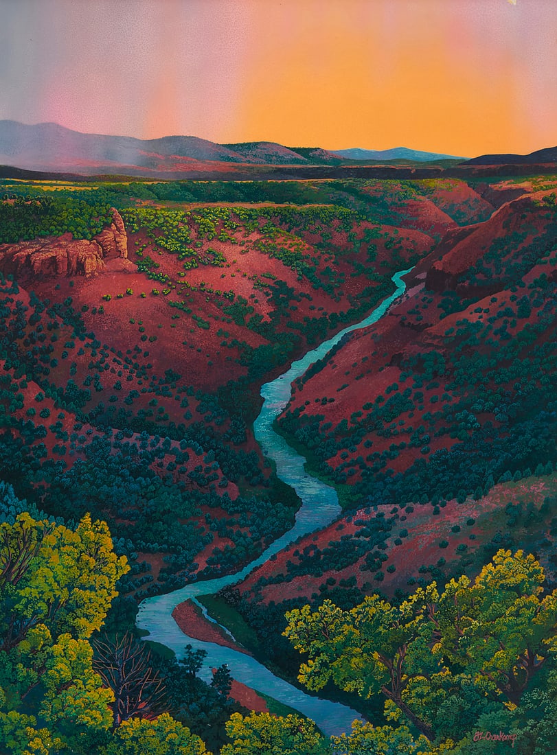 Joanna Overkamp (20th Century) "Beneath the Setting Sun" Gouache on panel Signed lower right: J.: Joanna Overkamp (20th Century) "Beneath the Setting Sun" Gouache on panel Signed lower right: J. Overkamp; titled in ink, presumably in another hand, on a gallery label affixed verso 24 x 18in