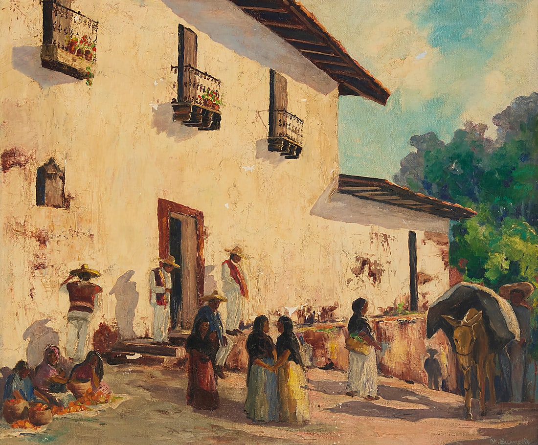 Mabel Burnette (1876-1956) "Morning in Taxco, Mexico" Oil on canvas Signed lower right: M.: Mabel Burnette (1876-1956) "Morning in Taxco, Mexico" Oil on canvas Signed lower right: M. Burnette; titled in pencil on the stretcher 25 x 30in Provenance: Sold to Benefit the Friends of the Al