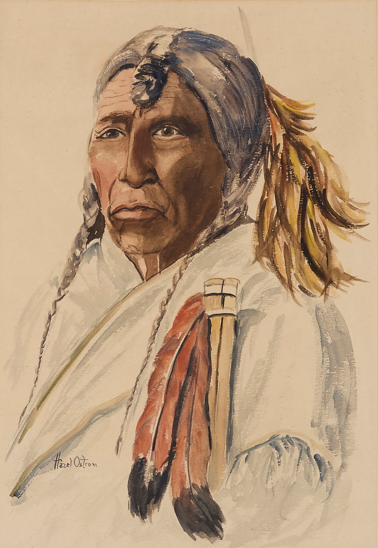 Hazel Ostrom (20th Century) "Blackfoot Chief Running Eagle," 1970 Watercolor and ink on paper (1 of 6)