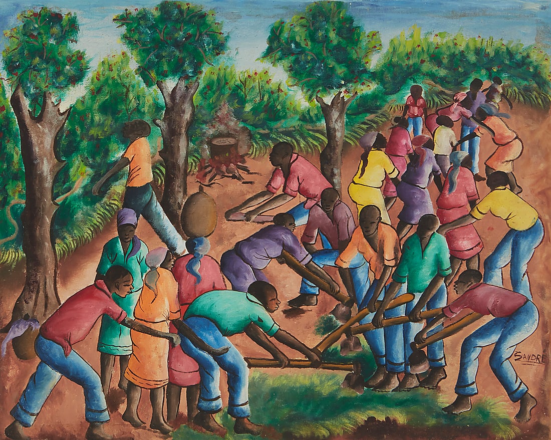 20th Century Haitian Folk Art School Figures working in a field, 1961 Oil on canvas laid to panel: 20th Century Haitian Folk Art School Figures working in a field, 1961 Oil on canvas laid to panel Signed lower right: Sandré; dated 1961 and inscribed in green ink on a partial label affixed verso 24