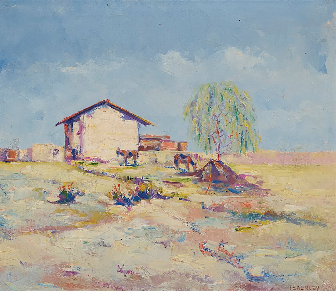 In the manner of Karoly Ferenczy (1862-1917) Farm with grazing donkeys Oil on canvas Bears: In the manner of Karoly Ferenczy (1862-1917) Farm with grazing donkeys Oil on canvas Bears signature lower right: Ferenczy 13 1/4 x 15 1/4in