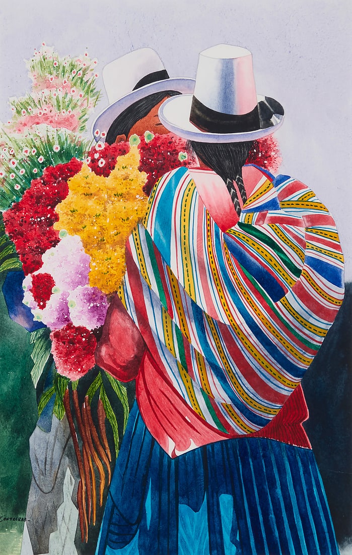 Contreras (20th Century), Bolivian flower vendors: Contreras (20th Century) Bolivian flower vendors Watercolor on paper Signed lower left: Contreras Sight: 19 x 12 1/4in