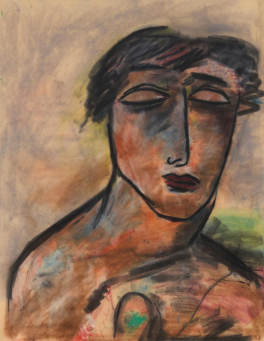 Jamali (b. 1944), "Portrait of an Artist," 1989: Jamali (b. 1944) "Portrait of an Artist," 1989 Pastel on paper Appears unsigned; titled and dated by repute; with the artist's studio label affixed to the frame's backing paper Image/Sheet: 26 x 20in