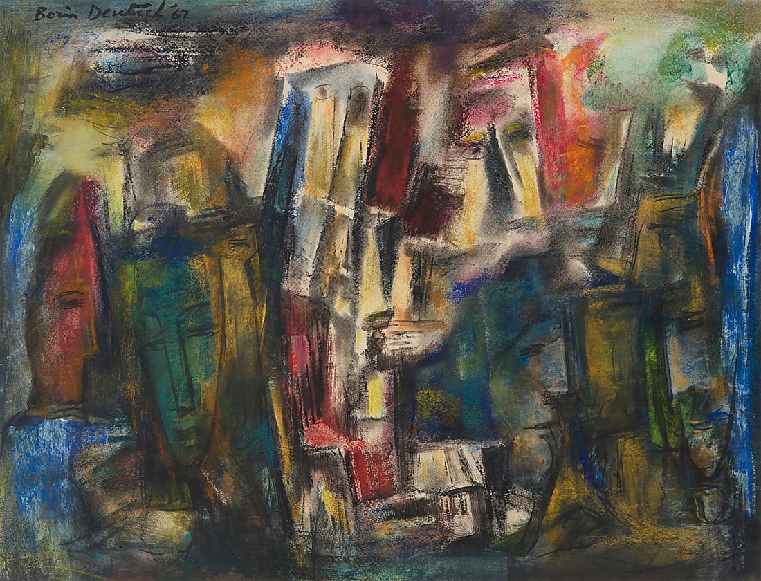 Boris Deutsch (1892-1978), Abstract faces, 1967: Boris Deutsch (1892-1978) Abstract faces, 1967 Ink, colored chalk, and watercolor on paper Signed and dated upper left: Boris Deutsch '67 Sight: 18 1/2 x 24 1/8in