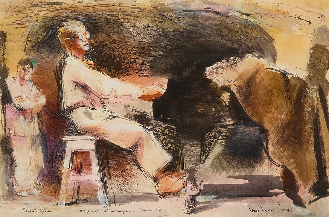 Barse Miller (1904-1973), "Concerto for Piano," 1945: Barse Miller (1904-1973) "Concerto for Piano," 1945 Mixed media on paper Signed, titled, dated (twice), and inscribed indistinctly, all in ink along the lower edge: Barse Miller / 1945 Sight size: 14