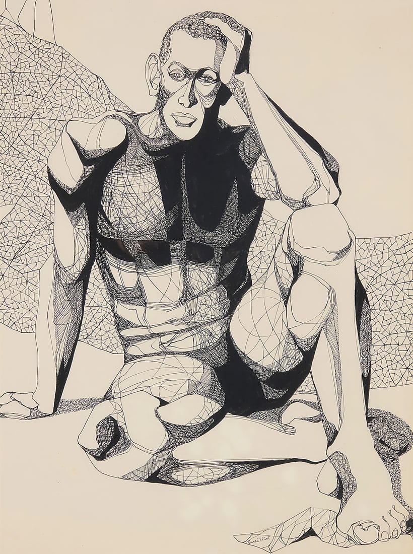 Duval Eliot (1909-1990), Seated nude man: Duval Eliot (1909-1990) Seated nude man Ink on paper Signed lower right: Duval Eliot Sight: 23 1/2 x 17 1/2in