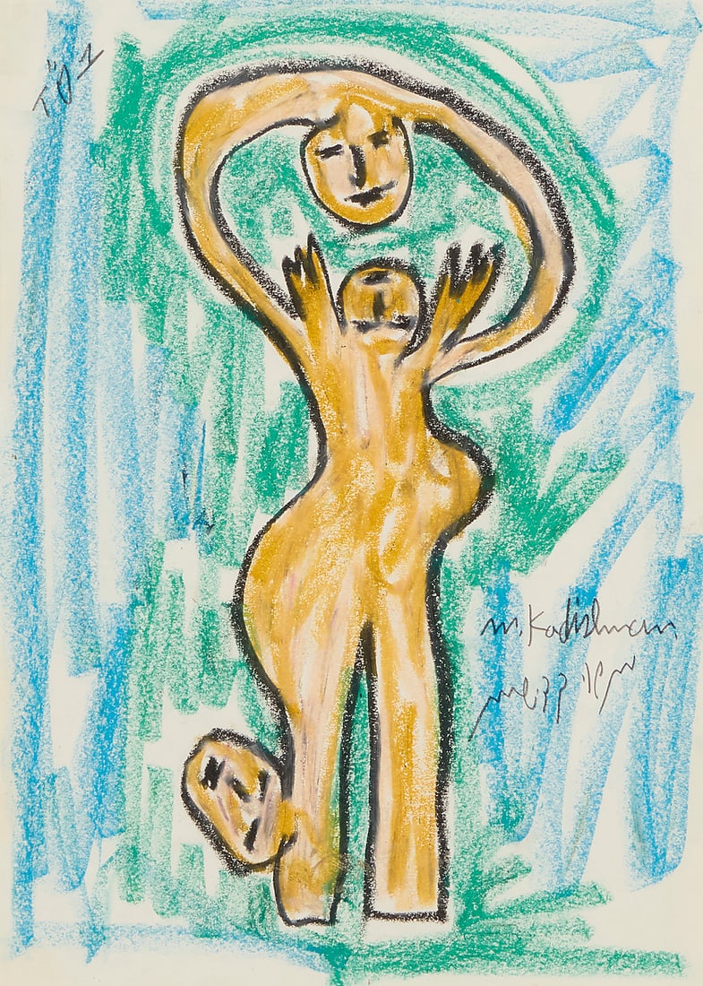 Menashe Kadishman (1932-2015), Figure and three heads: Menashe Kadishman (1932-2015) Figure and three heads Pastel on paper Signed in English and Hebrew in pencil lower right: M. Kadishman; inscribed in pencil upper left: "T"O 1" Sight: 15 1/2 x 11 1/8in