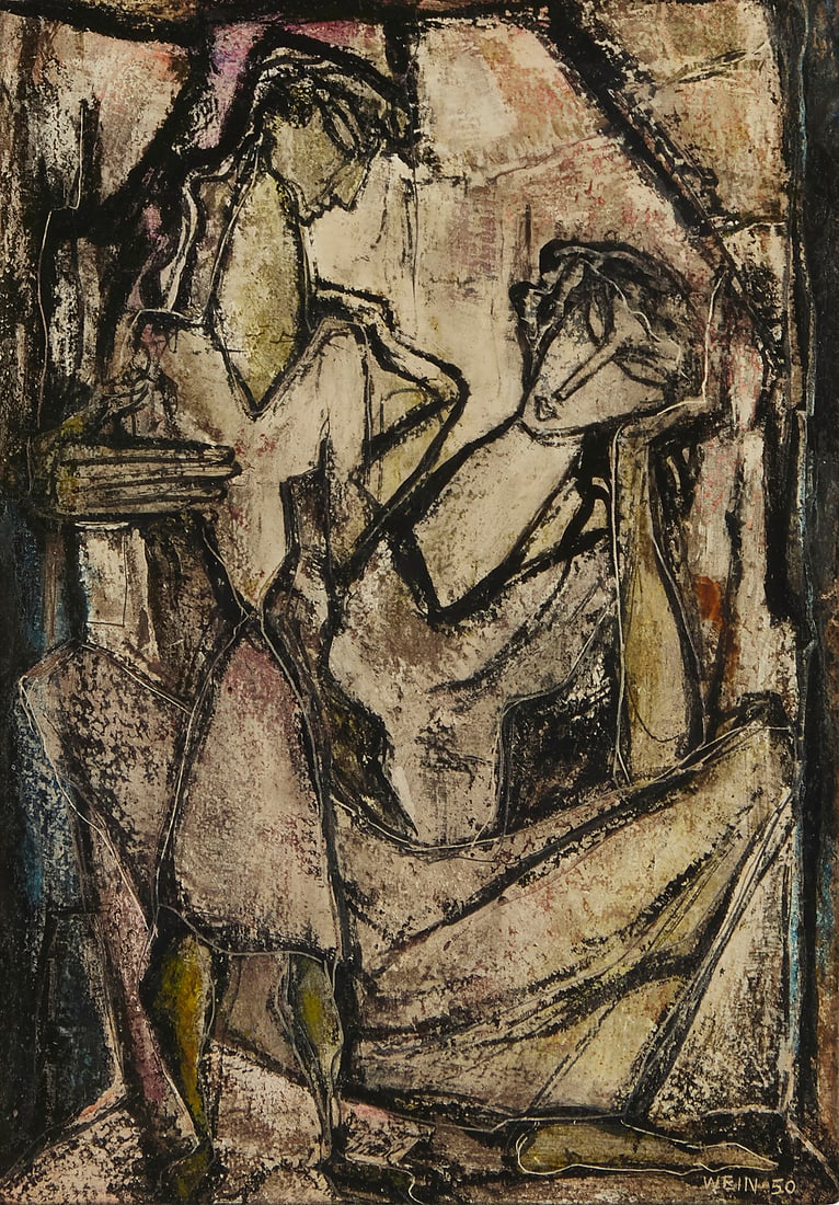 Albert Wein (1915-1991), Two figures, 1950: Albert Wein (1915-1991) Two figures, 1950 Oil on board Signed and dated lower right: Wein 50 Sight: 10 1/4 x 7in Provenance: The Collection of Sybil Rosen and Robert Fisher