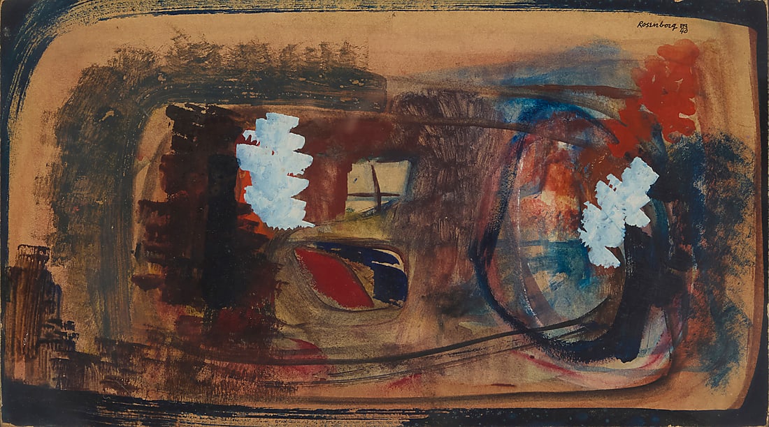 Ralph Rosenborg (1913-1992), "Improvisation: Landscape Forms," 1940: Ralph Rosenborg (1913-1992) "Improvisation: Landscape Forms," 1940 Watercolor and gouache on artist's board, affixed to linen-covered Masonite, as issued Signed and with the artist's device, and dated