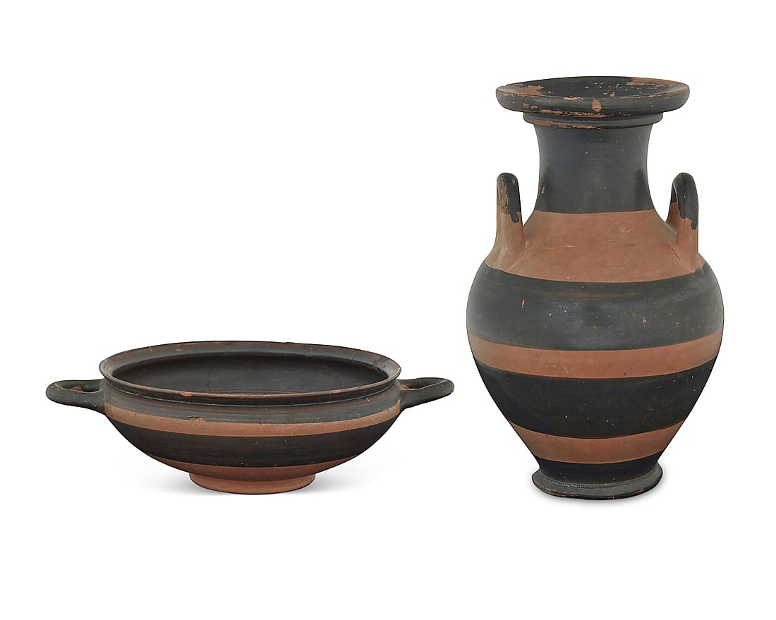 A Greek Ionian kylix pottery cup and Apulian olpe: A Greek Ionian kylix pottery cup and Apulian olpe Circa 500-300 BCE or later 2 pieces Kylix: 2.75" H x 9.375" W x 7" D; Olpe: 8.625" H x 5.5" Dia.