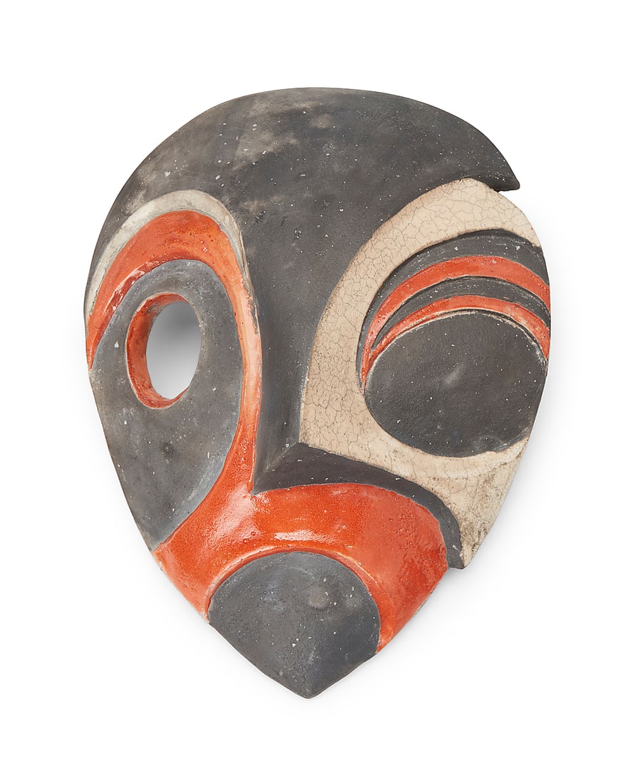 A Frank Matranga ceramic mask: A Frank Matranga ceramic mask Late 20th century Incised signature to left side: Matranga Glazed ceramic 14" H x 10.625" W x 3.5" D