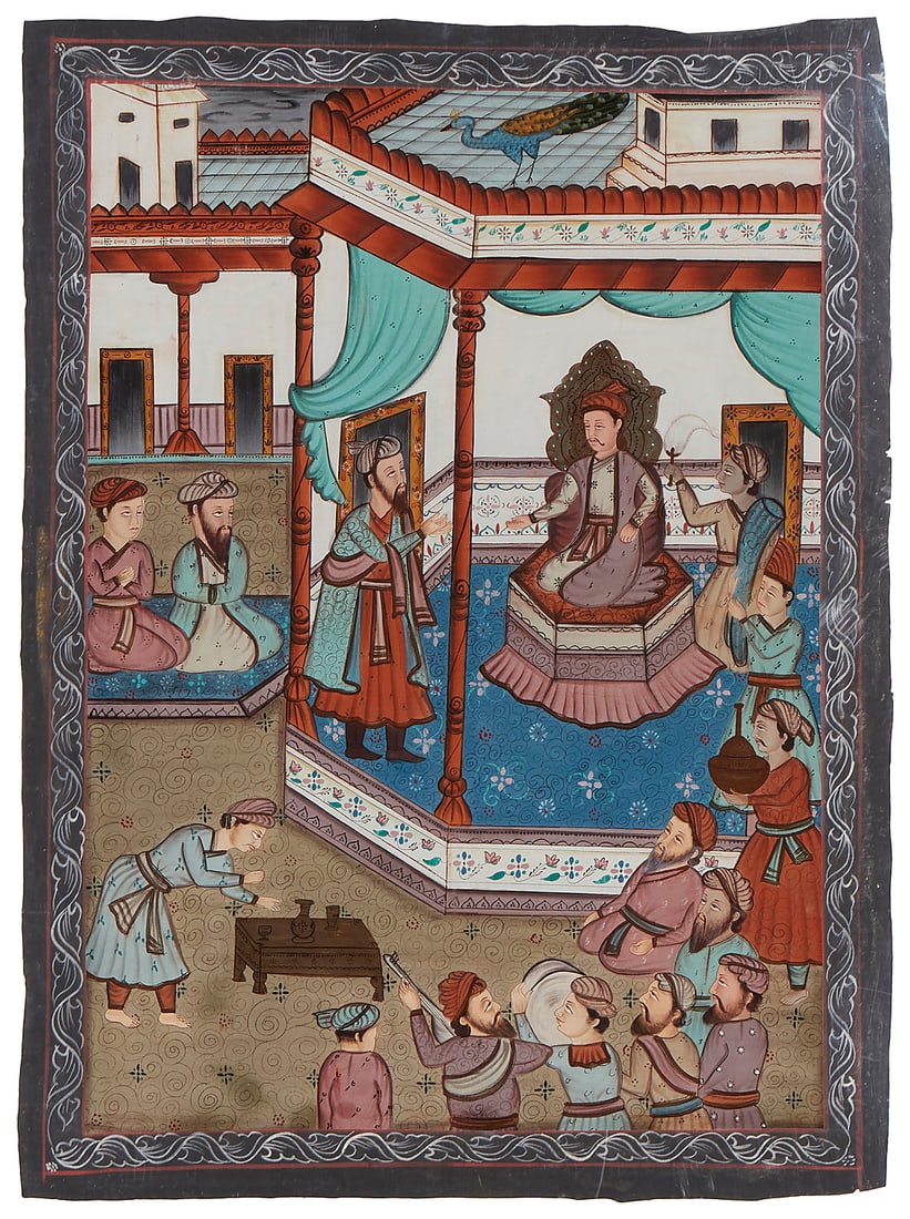 A Mughal Empire painting on black cloth: A Mughal Empire painting on black cloth 16th century/19th century Gouache on black cloth with red and white outlined and patterned margins 45" H x 34" W