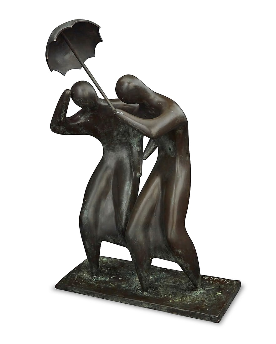 Dina Melicov (1898-1969), Man and Woman with Umbrella, 1969: Dina Melicov (1898-1969) Man and Woman with Umbrella, 1969 Patinated bronze Signed in the casting: Dina Melicov Overall: 21.25" H x 13.625" W x 6.25" D Provenance: Private collection, Connecticut