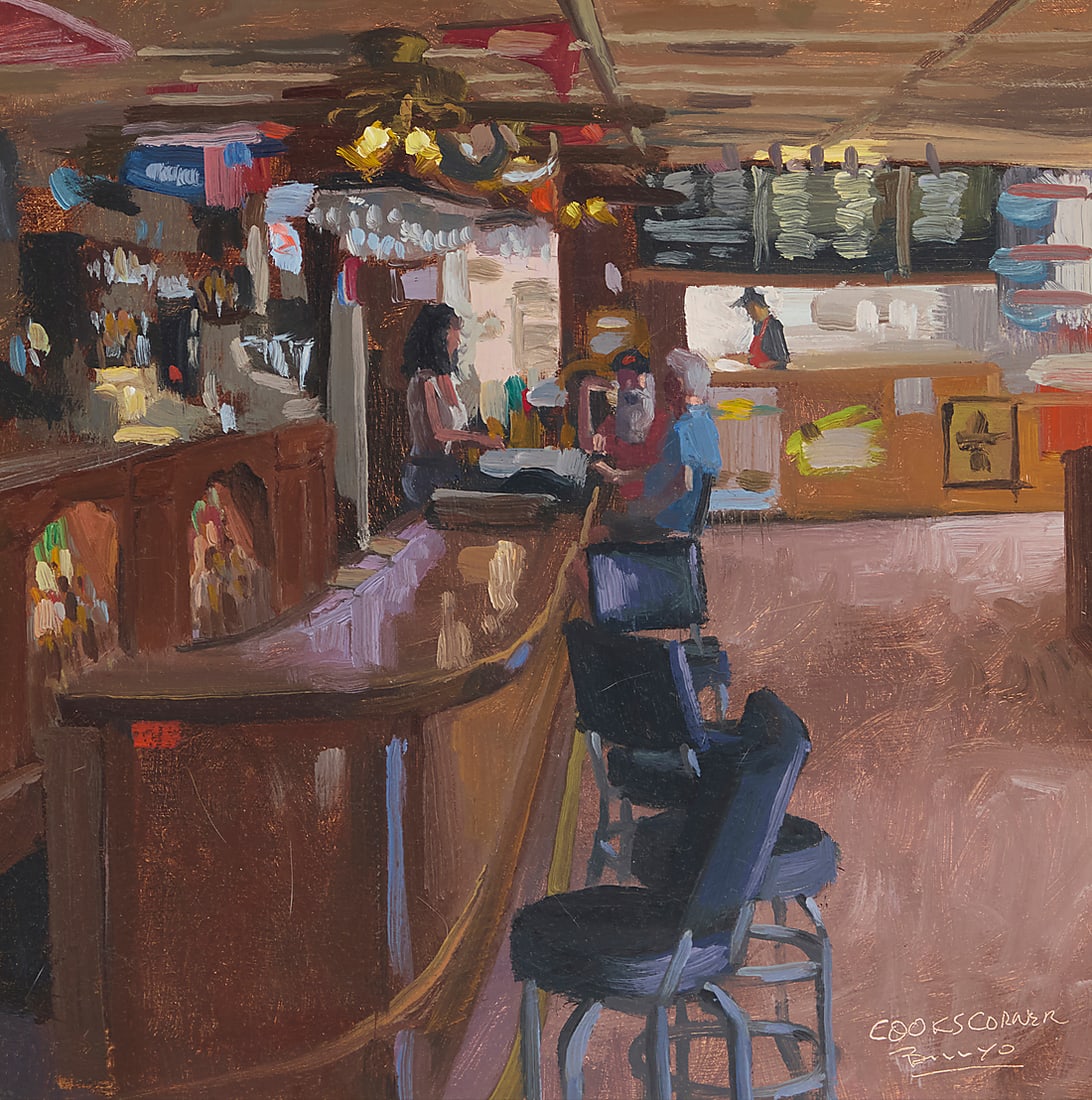 Billyo O'Donnell (b. 1956), "Cooks Corner": Billyo O'Donnell (b. 1956) "Cooks Corner" Oil on panel With the incised signature and titled lower right: Billyo; signed and titled again in ink on a museum label affixed verso 12 x 12in Provenance: