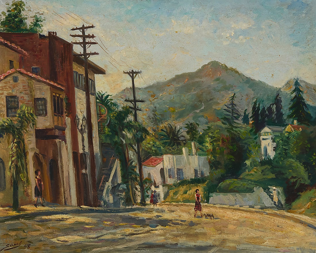 Saul Berman (1899-1975), "Cahuenga Pass," 1948: Saul Berman (1899-1975) "Cahuenga Pass," 1948 Oil on canvas Signed and dated lower left: Saul '48; signed again in pencil on a partial label affixed verso; titled and inscribed "104" in pencil on a