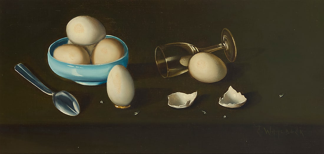 Carlo Wahlbeck (b. 1933), Still life with eggs: Carlo Wahlbeck (b. 1933) Still life with eggs Oil on canvas Signed lower right: C. Wahlbeck 8 x 16in Provenance: Private Estate, Montecito