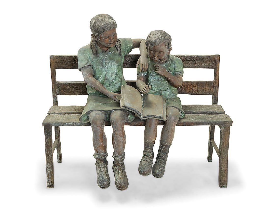 "Lending a Helping Hand" from the Randolph Rose Collection: "Lending a Helping Hand" from the Randolph Rose Collection Late 20th century Appears unmarked Patinated, polished, and cold-painted bronze 46.5" H x 50" W x 25.5" D