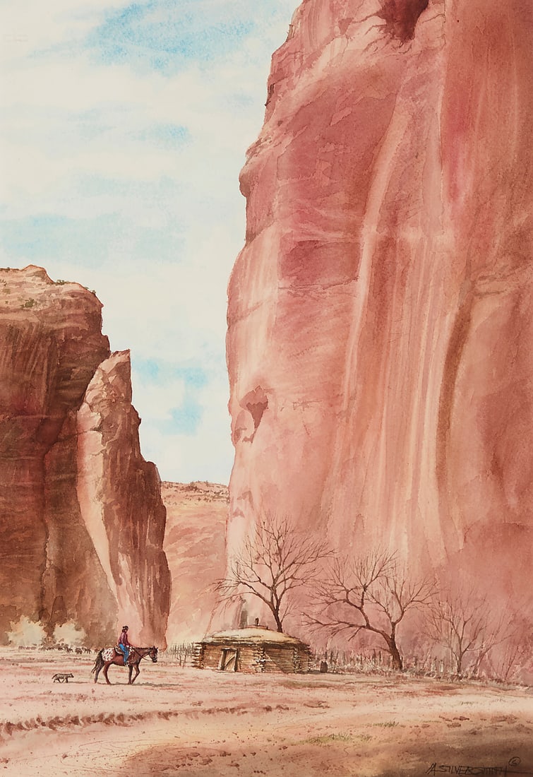 Mark Silversmith (b. 1954), Native American on horseback near Canyon de Chelly: Mark Silversmith (b. 1954) Native American on horseback near Canyon de Chelly Watercolor on paper Signed lower right: M. Silversmith ©; signed again as part of ink dedication on the frame's backing