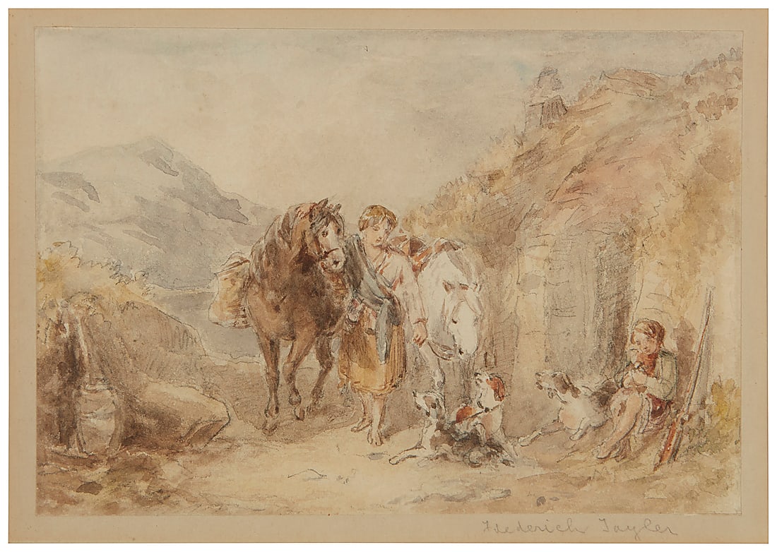 Frederick Taylor (1875-1963), "A Welcome Break": Frederick Taylor (1875-1963) "A Welcome Break" Watercolor on paper Signed on the back mat, lower right: Frederick Taylor; titled on a gallery label affixed verso Image/Sheet: 4 1/2 x 6 1/2in