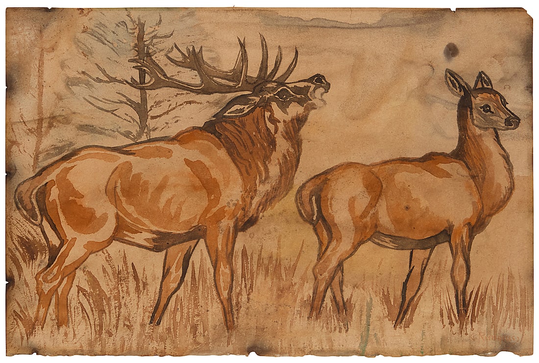 In the manner of Carl Rungius (1869-1959), Elk bugling: In the manner of Carl Rungius (1869-1959) Elk bugling Watercolor on light brown paper Bears signature lower right: C. Rungius Sheet: 10 x 14 7/8in