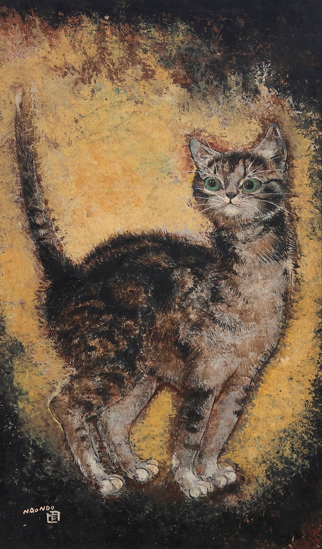Naondo Nakamura (1905-1981), "Cat": Naondo Nakamura (1905-1981) "Cat" Oil on board Signed lower left together with a Japanese character: Naondo; signed again together with a Japanese character: Naondo Nakamura, titled, numbered "No 6,"