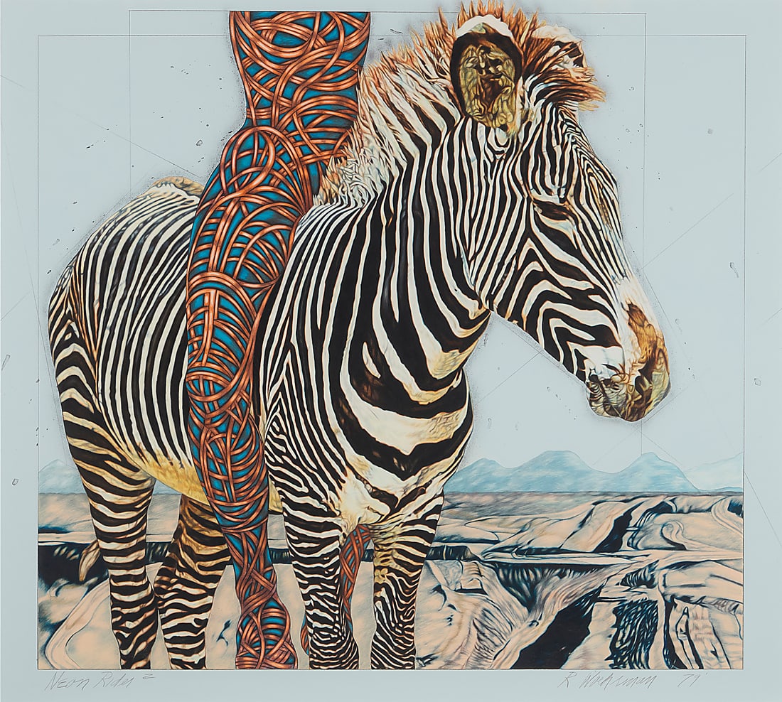 Ralph Woehrman (b. 1940), "Neon Rider 2," 1979: Ralph Woehrman (b. 1940) "Neon Rider 2," 1979 Mixed media on board Signed and dated in pencil lower right: R. Woehrman 79; titled in pencil lower left Sight: 45 x 50in