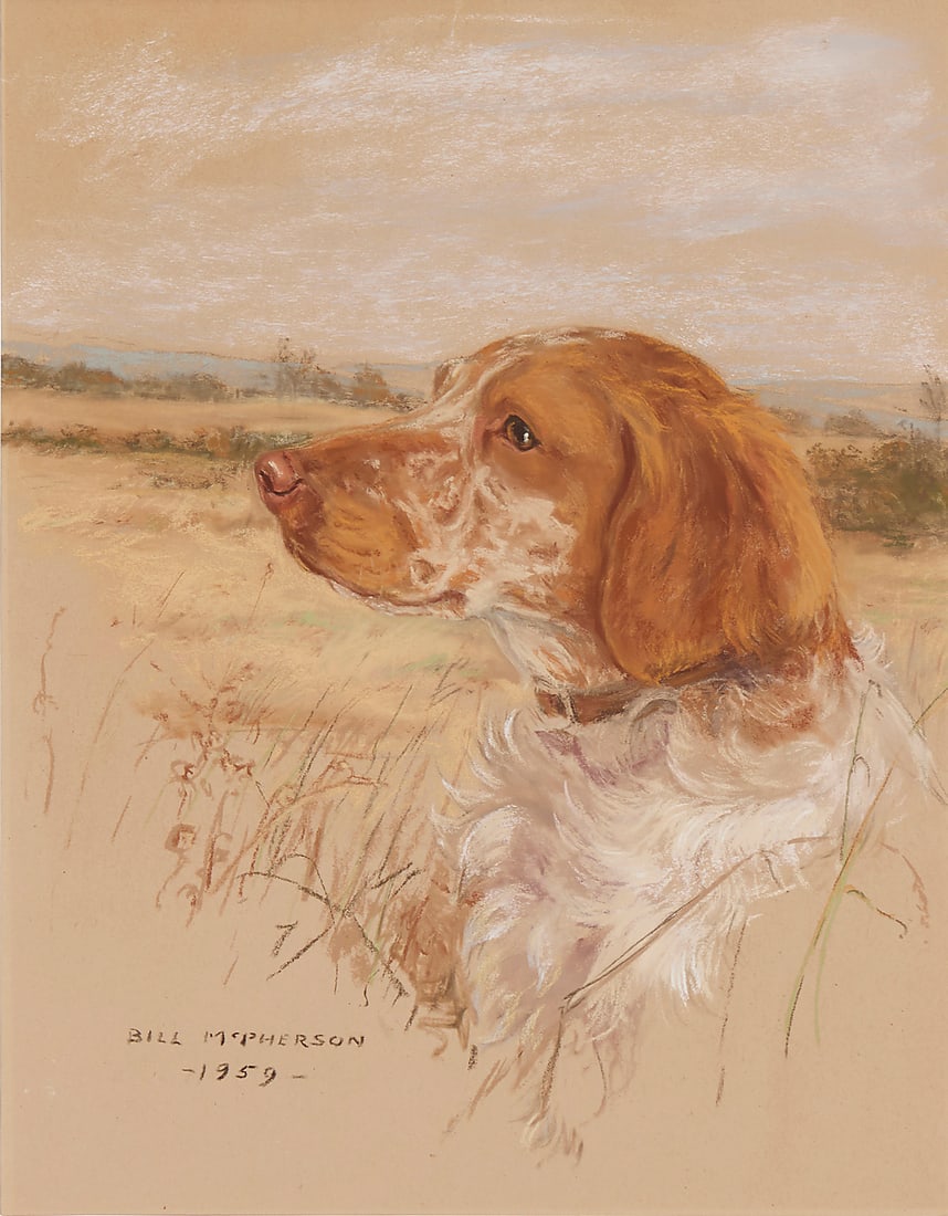 William McPherson (1905-1972), Spaniel in a landscape: William McPherson (1905-1972) Spaniel in a landscape Pastel on tan paper Signed and dated lower left: Bill McPherson / -1959- Sight: 13 3/4 x 10 3/4in