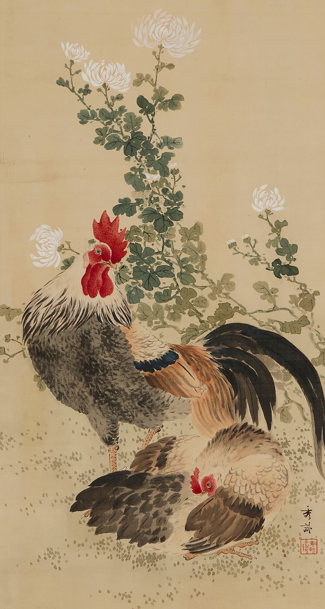 20th Century Nihonga School: 20th Century Nihonga School Rooster and Hen Ink and pigment on silk Signed in Japanese characters and with a red ink seal lower right: Shuho Sight: 34 x 15 1/2in Provenance: Sold: Bonhams, San Francis