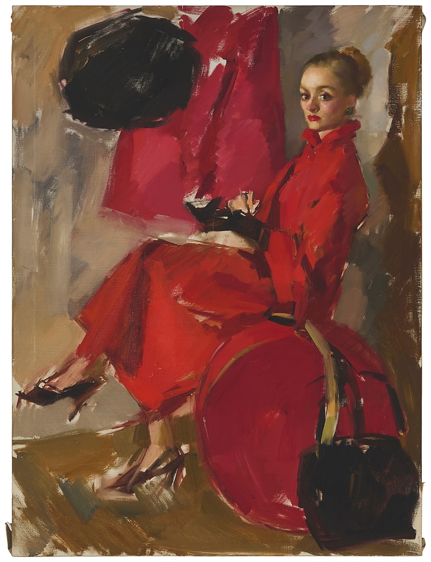 Mid 20th Century American School: Mid 20th Century American School Chic woman Oil on canvas Unsigned 40 x 30in Provenance: The Estate of Sergei Bongart