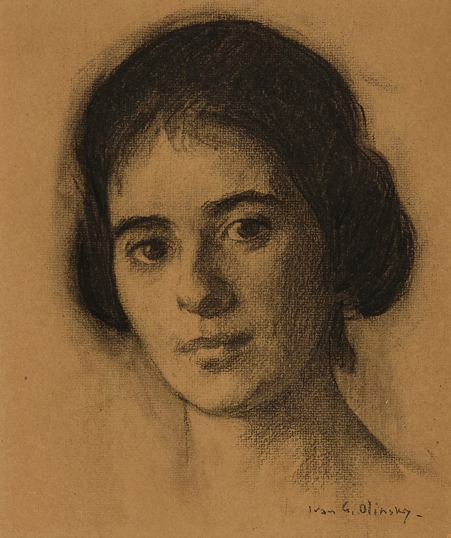 Ivan Gregorewitch Olinsky (1878-1962), A portrait of a young lady: Ivan Gregorewitch Olinsky (1878-1962) A portrait of a young lady Charcoal on paper Signed lower right: Ivan G. Olinsky Sight: 11.5 x 9.75in Provenance: Sold: Bonhams, Los Angeles, CA, "Home and