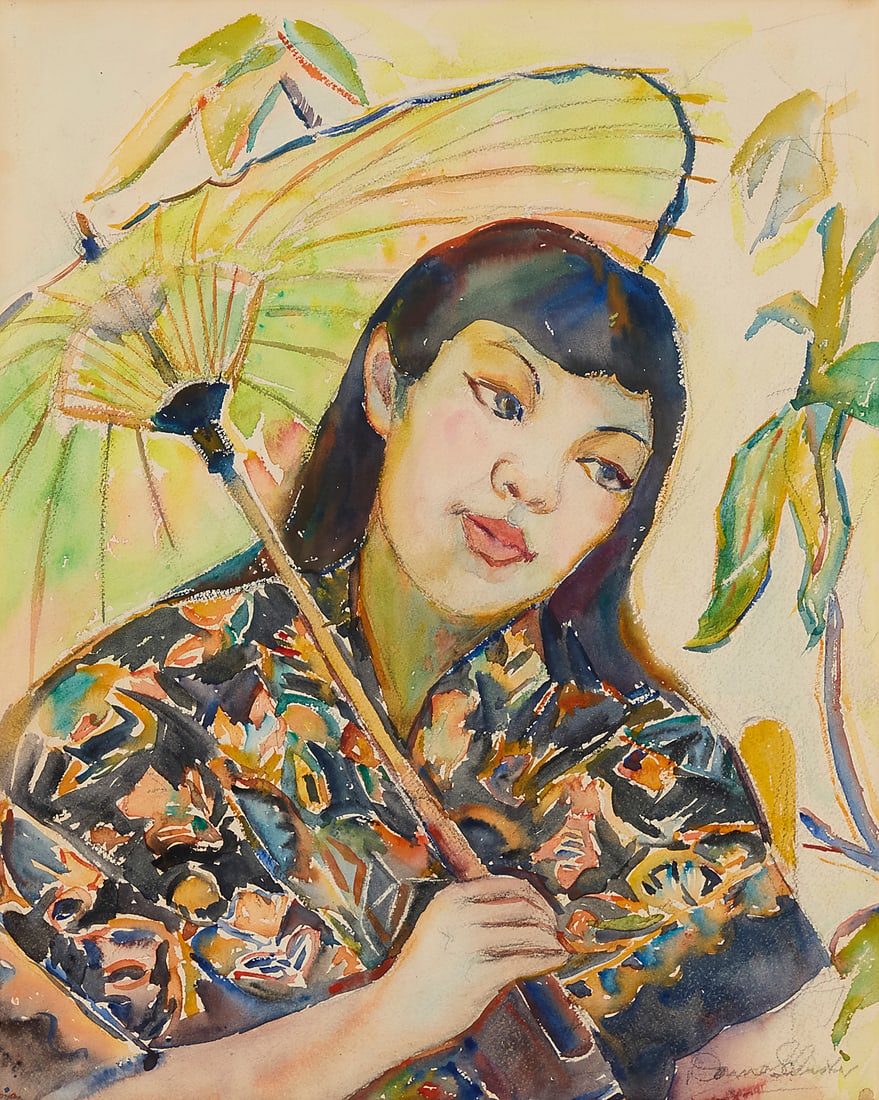 Donna Schuster (1883-1953), "Oriental Umbrella": Donna Schuster (1883-1953) "Oriental Umbrella" Watercolor on paper Signed in pencil lower right: Donna Schuster; titled on two typed labels affixed to the frame's backing paper Sight: 18 x 14 1/2in