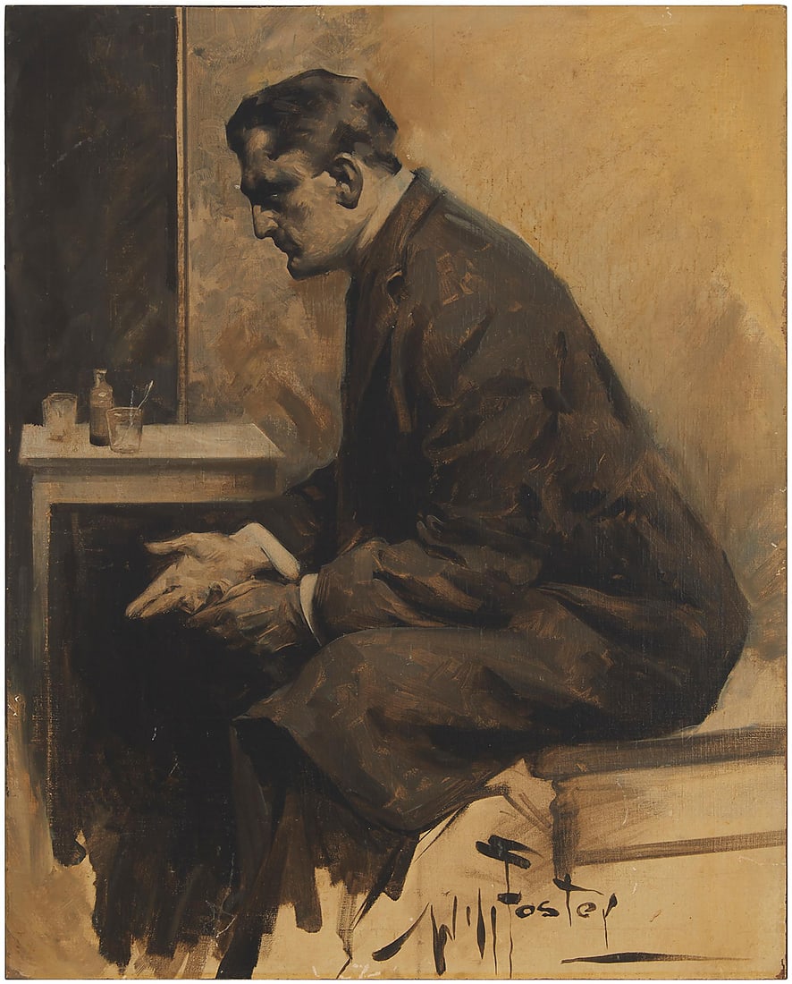William Foster (1883-1953), "Craig Kennedy," circa 1913: William Foster (1883-1953) "Craig Kennedy," circa 1913 Oil in grisaille on canvas laid to board Signed lower center: Will Foster 20 x 16in Provenance: Sold: John Moran Auctioneers, Monrovia, CA,