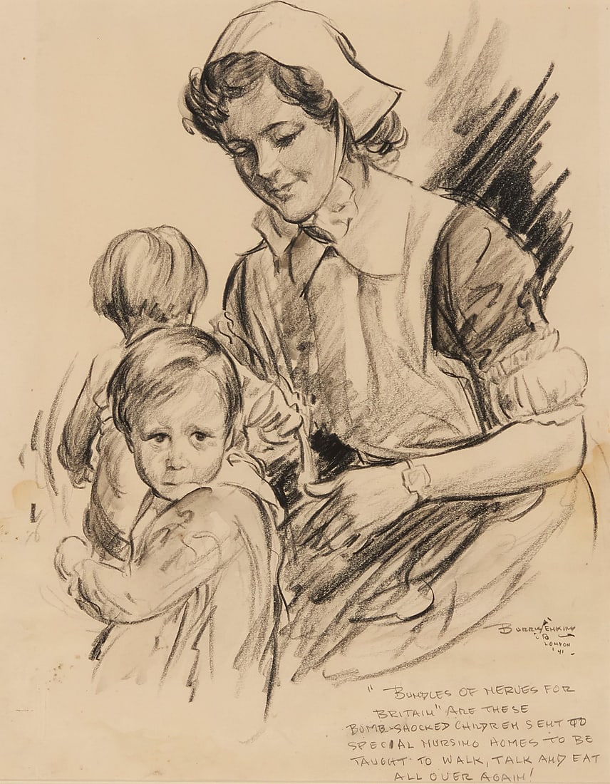 Burris Jenkins Jr (1897-1966), "Bundles of Heroes for Britain," World War II poster, 1941: Burris Jenkins Jr (1897-1966) "Bundles of Heroes for Britain," World War II poster, 1941 Charcoal on paper Signed, titled, dated, and inscribed in pencil lower right: Burris Jenkins / 41 / "London" /