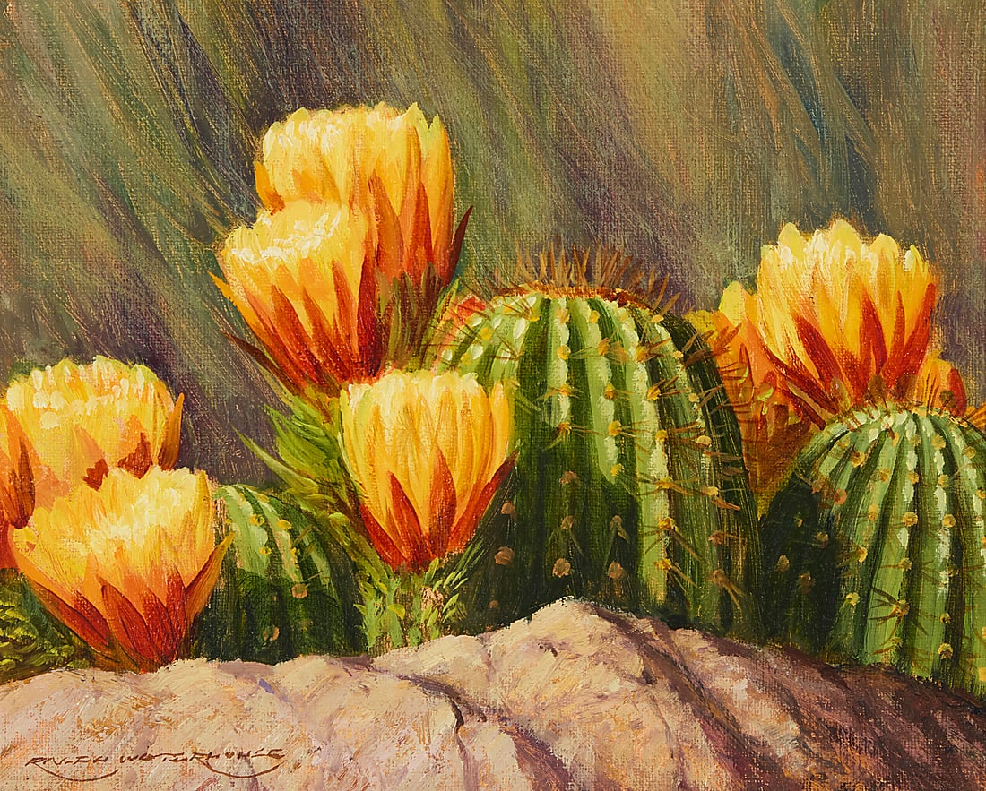 Ralph Waterhouse (b. 1943), "Cactus Flower": Ralph Waterhouse (b. 1943) "Cactus Flower" Oil on canavsboard Signed lower left: Ralph Waterhouse; titled verso 8 x 10in Provenance: Waterhouse Gallery, Santa Barbara, CA The Collection of