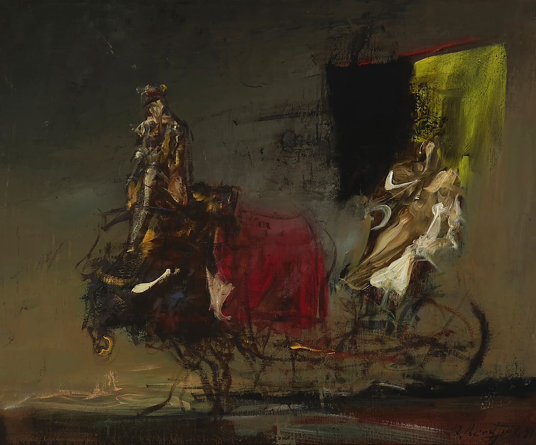 Ruben Abovian (b. 1948), Horse-drawn carriage, 1991: Ruben Abovian (b. 1948) Horse-drawn carriage, 1991 Oil on canvas Signed in Armenian and dated lower right: R. Abovian '91; with a blank ink USSR export stamp, verso 16 x 20in