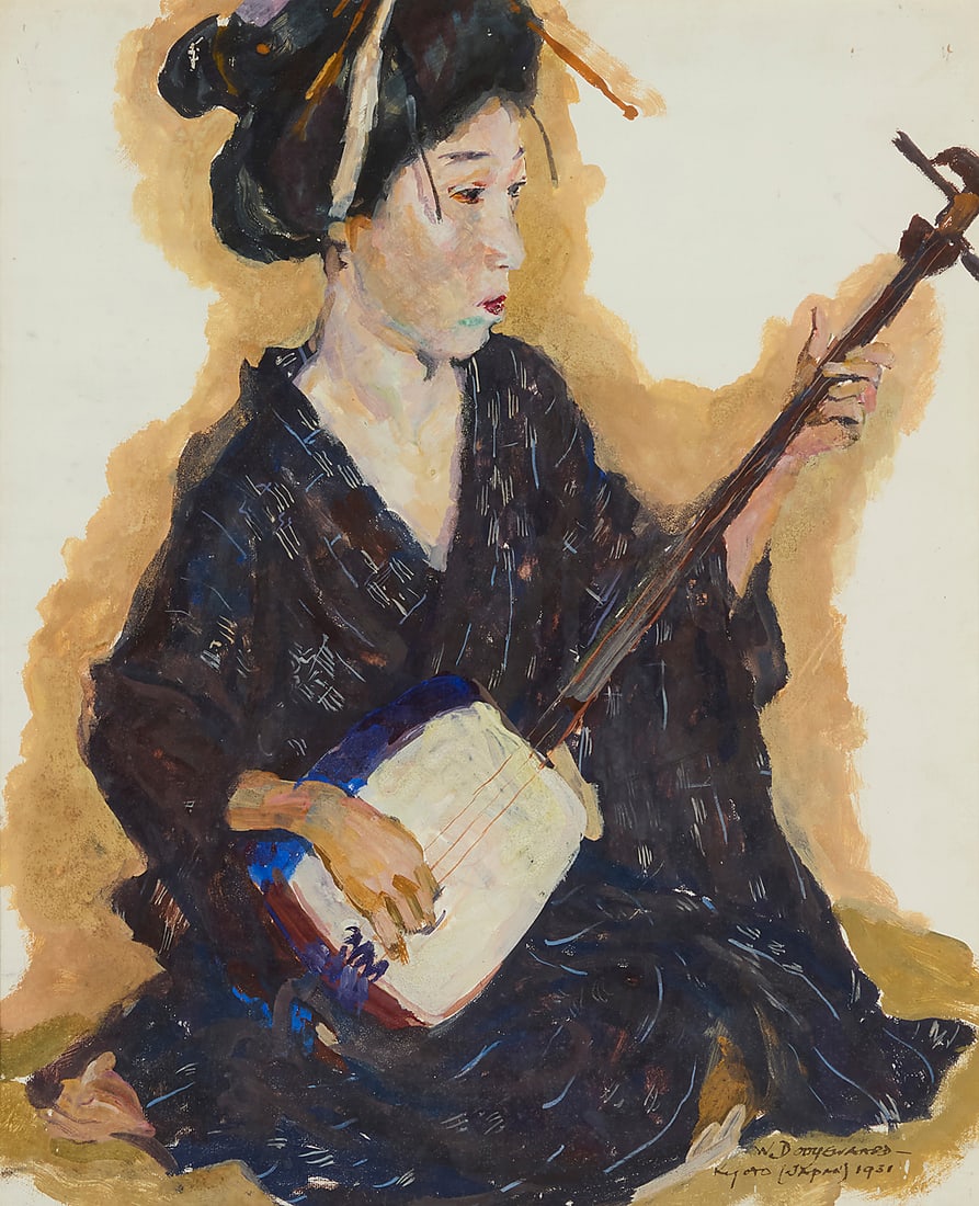 Willem Dooyewaard (1892-1980), "Geisha with Shamisen," 1931: Willem Dooyewaard (1892-1980) "Geisha with Shamisen," 1931 Gouache on illustration board Signed, dated, and inscribed in ink, lower right: W. Dooyewaard / 1931 / "Kyoto (Japan)"; titled on a typed